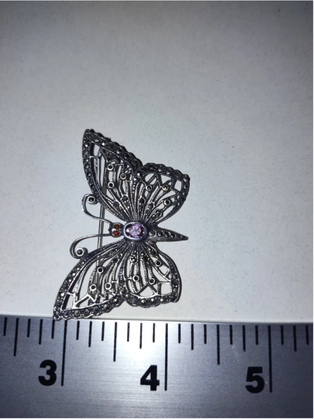 Women's Vintage Sterling Silver Butterfly Brooch with Marcasite and Amethyst
